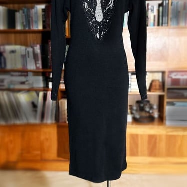 NEW 80's Black Beaded Sweater Dress with Orig TAGS, Vintage 1980's Evening Dress Low Cut 1970's Designer Gown Wool 