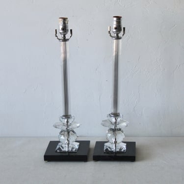 French Style Cut Glass Black Granite Base Column Vintage Mid Century Table Lamps-a pair 