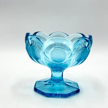 Vintage Fostoria Glass Ice Blue, Turquoise Coin Pedestal Bowl, Dots, Eagles, Coins, Scalloped Edge Footed Compote Dish, Vintage Glassware 