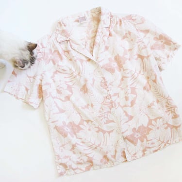 80s Womens Hawaiian Shirt M L - Vintage 1980s Pastel Pink White Tropical Floral Aloha Shirt 