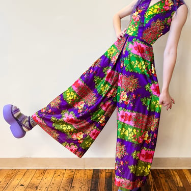 70’s Bright Purple Rainbow Floral Psychedelic Palazzo Sleeveless Jumpsuit