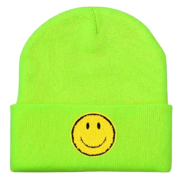 Beanie with Smiley Face Patch, Smiley Face, Smiley Face Beanie, Neon Beanie, Queer Hat, Winter Hat, Unisex, Knit Beanie, Valentines Day Gift 