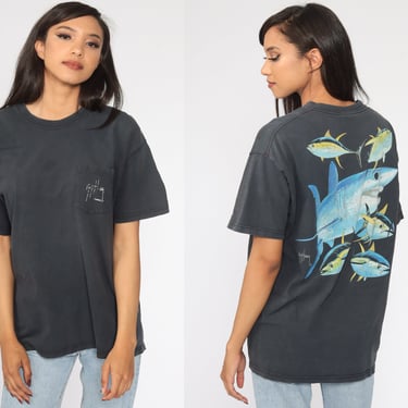 Guy Harvey Shirt Fish Shirt Pocket Tshirt Graphic 1990s Faded Black Top Vintage T Shirt Under The Sea Beach Print 90s Medium Large 