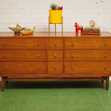 Mount Airy Mid Century Walnut and Brass 9 Drawer Lowboy Dresser