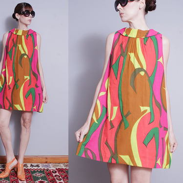 Vintage 1960's | Bright | Colorful | Tent | Mod |  Mini | Dress | L 