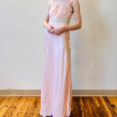 40’s Pink Textron Rayon Satin Lace Bias Cut Slip Dress Gown