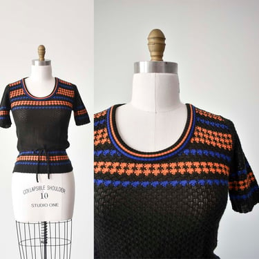 1960s Knit Tshirt / Vintage Knit Top / Vintage Sweater / Black Striped Knit Short Sleeve Sweater Small / 70s Knit Short Sleeve Sweater 
