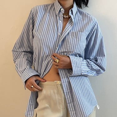 80s pinstripe shirt / vintage LL Bean blue pinstriped striped cotton oxford cloth button down oversized boyfriend collared shirt | Med 