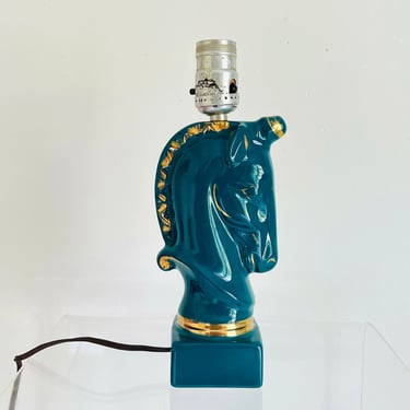 Vintage 1960s MID Century Modern Teal Green Gold Horse Bust Head Ceramic TV Lamp (no shade) 