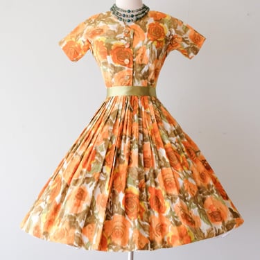 Darling 1950's Orange Rose Nelly Don Shirt Dress / Sz XS