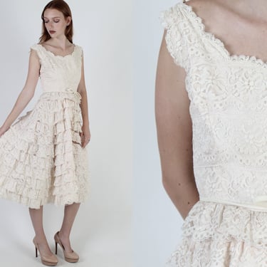 50s Floral Lace Dress / Nude Cupcake Tiered Full Skirt / Wedding Bridal Mini Circle Dress 