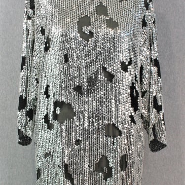 1990s - Sequin Dress - Silver - silk - Leopard - Sheath - Cocktail Dress -  By Ann Tijan for KENAR 2 - 