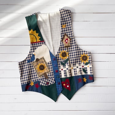 patchwork vest | 80s 90s vintage country granny blue yellow sunflower gingham cottagecore streetwear cotton waistcoat 