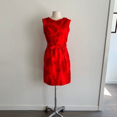 1960s red chiffon print with sparkles belted cocktail dress-size S (4-6) 