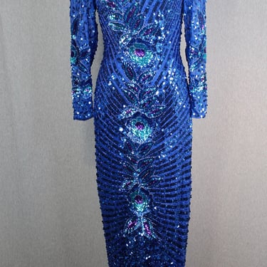 1980s Full Length Party Dress - Alyce Designs Blue Sequin Gown - Evening Gown - Black Tie - Formal - Prom Dress 