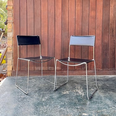 1970s Italian Leather Stacking Chairs Chrome Side Dining Desk Table Vintage Mid-Century Modernist Italy 