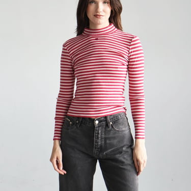 Vintage Courrèges Pink + Red Ribbed Striped Mock Neck Cotton Top with Logo Turtleneck sz FR 38 XS S M Courreges 