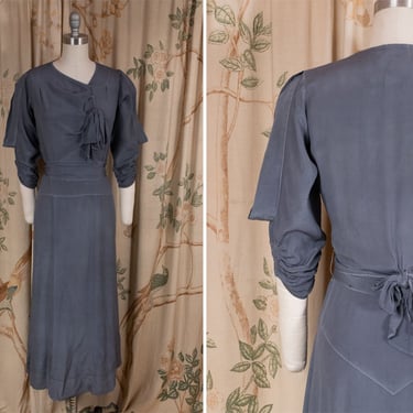 1930s Dress - Elegant Grey Silk Crepe Early 30s Dress and with Cold Shoulders and Bows 