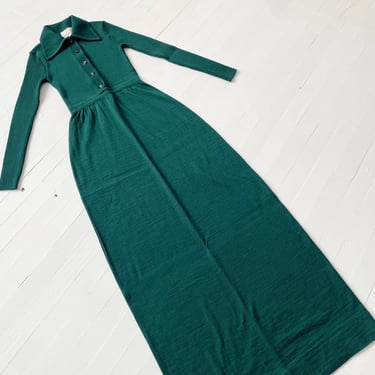 1970s Forest Green Wool Maxi Dress 