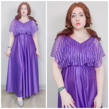 1970s Vintage Purple Striped Split Sleeve Disco Dress / 70s / Seventies Polyester Knit Maxi Gown / Size Small 