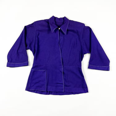 1940s Purple Wool Jacket / Lightweight / Blouse / Peplum / Contrast Stitching / Deep Purple / Blazer / Noir / Shoulder Pads / Vamp / 30s 