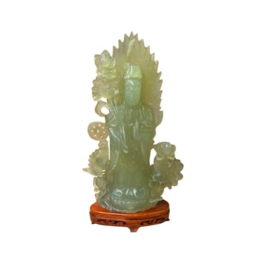 Light Green Color Stone Chinese Lotus Guan Yin Bodhisattva Statue ws4303E 