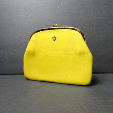 1960s Yellow Leather Clutch Bag Vintage Gold Framed Purse w Kiss Clasp Sunny Yellow Mid Century Bag Leather Clutch Purse Vintage Handbag 