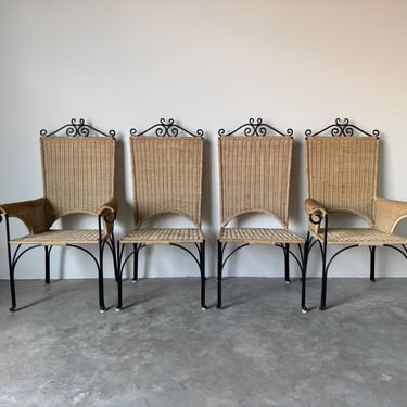 Vintage Organic Coastal Wicker and Black Metal Frame Dining Chairs – Set of 4 