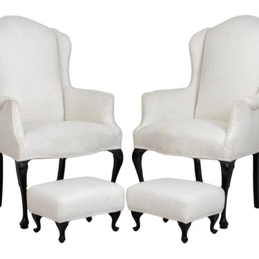 Queen Anne Style Wingback Chairs & Stools, Pair
