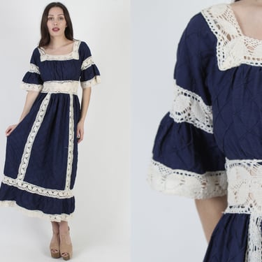 Navy Bell Sleeve Mexican Wedding Dress / Crochet Lace Quinceanera Vestido / Festival Pintuck Blue Cotton Fiesta Maxi 