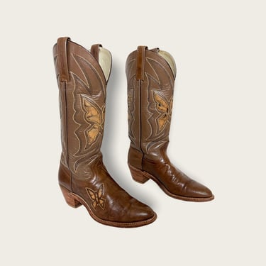 Vintage Women's CAPEZIO Inlaid Butterfly Cowboy Boots ~ size 7 1/2 N ~ Western ~ Hippie / Boho ~ Rockabilly ~ Stacked Heel 