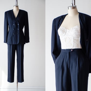 striped navy suit | 90s vintage dark blue white pinstripe dark academia high waisted pants and coat 2 piece suit set 