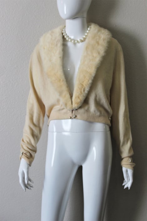 50s Cardigan / Vintage 1950s bombshell Cream Mink Fur Cashmere Cardigan Pinup Sweater Mademoiselle // Size Medium Large 