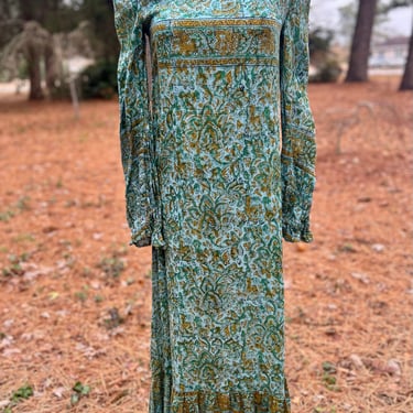 Vintage 1970s Indian Cotton Block Print Full Length Dress - Blue and Green - Puff Sleeves 