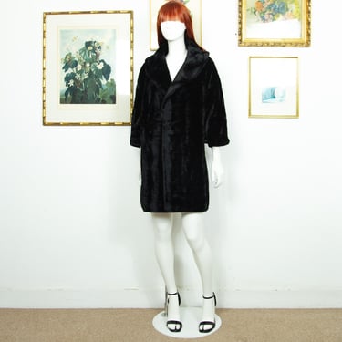 Vintage 1960s Faux Fur Kimono Coat in Black Midi Size M 