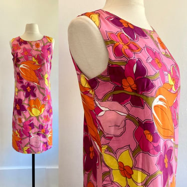 Vintage 60's Mod Hot PINK TROPICAL Floral Print HAWAIIAN Shift Dress 