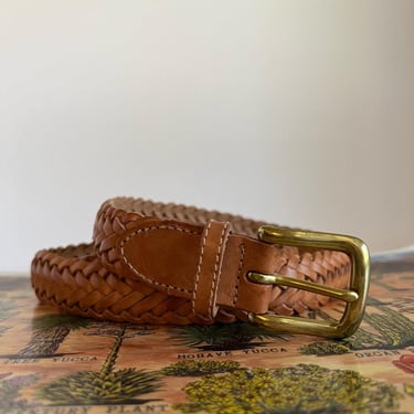 Vintage 90s Tan Genuine Leather Woven Solid Brass Buckle Belt Large 