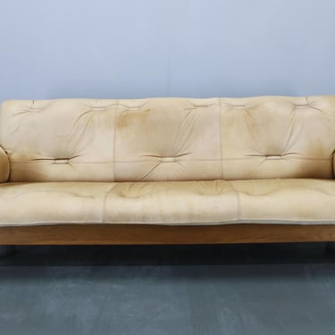 1960s Oak Scandinavian 3-Seater Sofa in Fine Leather Upholstery / Mid-century Sofa / Vintage Leather Sofa / Beige Colour / 