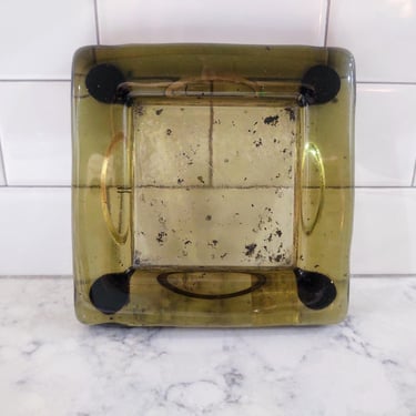 Vintage Square Green Glass Block Ashtray Candle Dish Catch All Dish Tray 