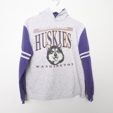 vintage 1980s 90s color block HEATHER grey & purple UW HUSKY University of Washington hoodie hooded sweatshirt - Men's Size Extra Small 