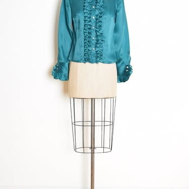 vintage Y2K blouse Talbots teal silk satin tuxedo ruffle shirt top XS S clothing 