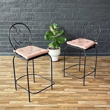 Pair of Post Modern Memphis-Style Wrought Iron Barstools w/ Flame Backrest, c.1980s 