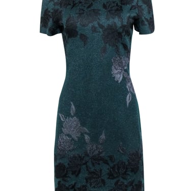 St. John - Green &amp; Black Floral Print Sparkle Knit Dress Sz 6