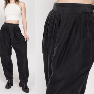 Med-Lrg 80s Black Silk Balloon Pants | Vintage High Waisted Baggy Pleated Streetwear Trousers 