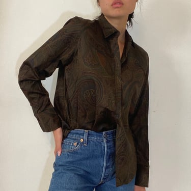 90s Ralph Lauren blouse shirt / vintage brown paisley print polished cotton button down French cuffs shirt blouse | Large 