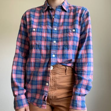 Womens Faherty Plaid Cotton Pink Blue Flannel Relaxed Button Down Preppy Shirt S 