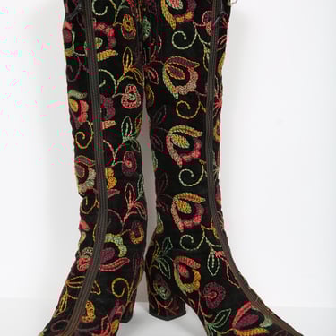 60s Gogo Boots Vintage Black Suede Floral Embroidered Boots Penny Lane Boots Hippie Hippy Woodstock Boho Bohemian 