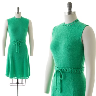 Vintage 1970s Sweater Dress | 70s ST JOHN KNITS Knit Wool Jade Kelly Green Belted Sleeveless Day Dress (small) 