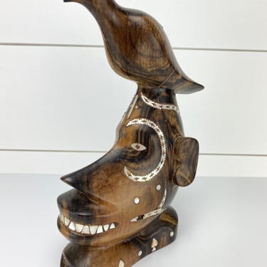 Vintage Nguzunguzu Solomon Islands Carved Wood Prow Canoe Figure Head Inlay Tribal Bird 