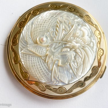 1950s White Carved Plastic Compact | 50s Gold & Pearl Carved Dragon Compact 